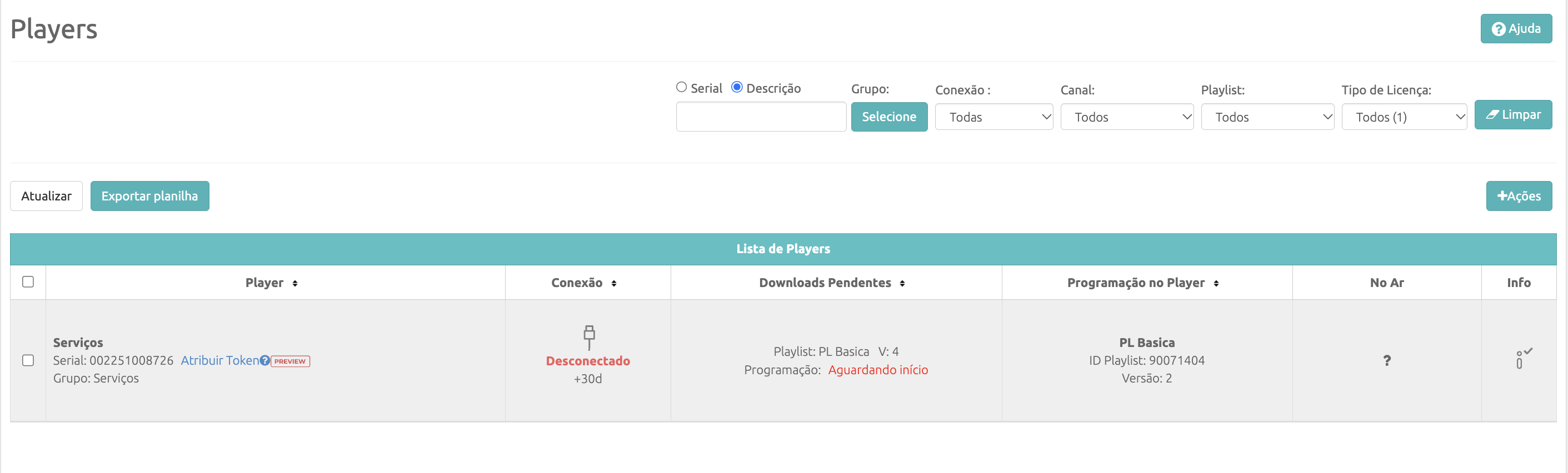 Player desconectado na tela de monitoramento, com os dias offline
