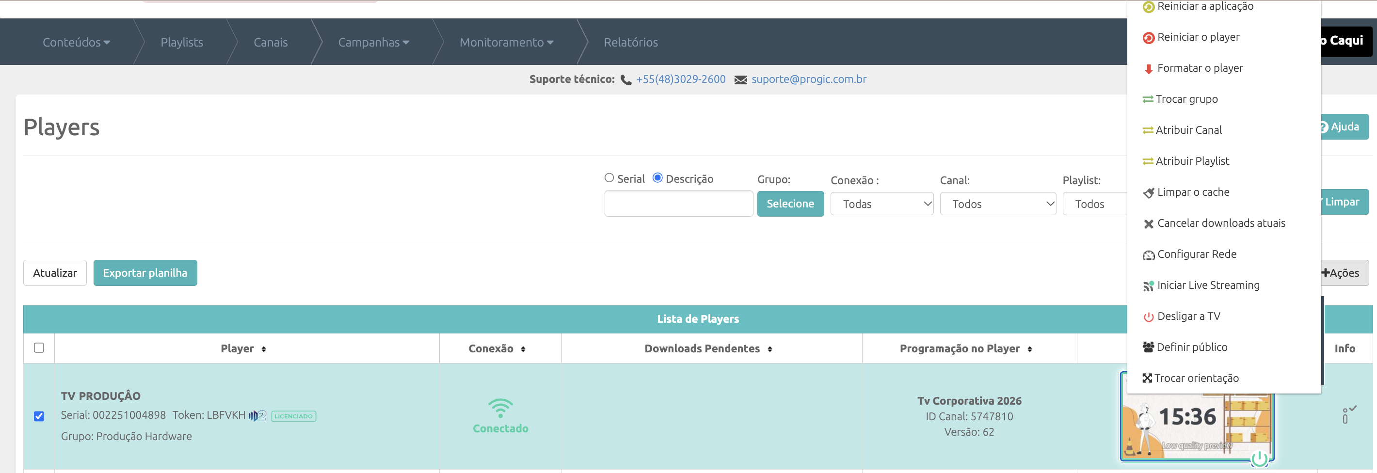 Menu do player com as opções de ligar e desligar a TV